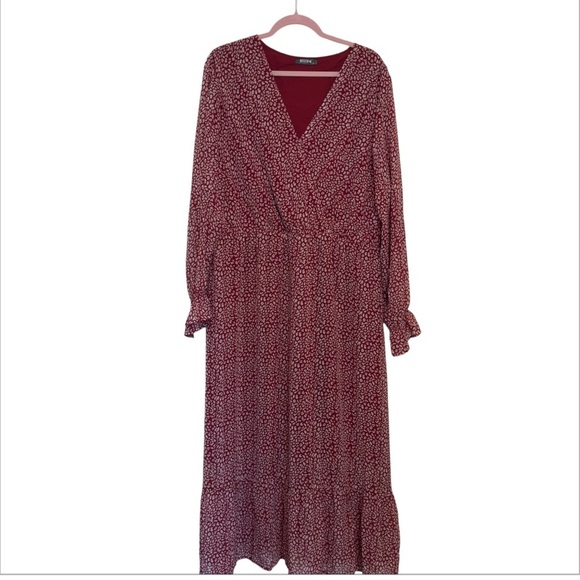 BTFBM -Women’s Maxi Dress Long Sleeve V-Neck Wine Red Abstract Print Size XXL - Picture 5 of 5